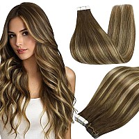 Full Shine Tape In Hair Extensions 18Inch Skin Weft Tape In Human Hair Medium Brown To Honey Blonde Real Human Hair Extensions T