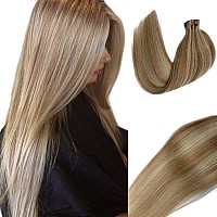 Tape In Golden Brown Hair With Blonde Highlights Human Remy Hair Extensions Silky Straight Seamless Skin Weft Remy Real Hair 18