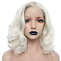 ANOGOL Hair Cap+ Platinum Short Blonde 13?3 Lace Front Wig White Women Curly Wavy Bob Wigs for Drag Queen Synthetic Body Wave Lace Wig Hair Costumes