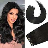 Aison Jet Black Tape In Hair Extensions Human Hair 18 Inch 40G Tape In Human Hair Extensions Invisible Tape In Hair Extensions H