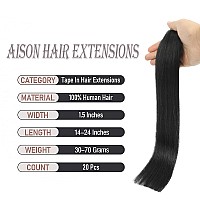 Aison Jet Black Tape In Hair Extensions Human Hair 18 Inch 40G Tape In Human Hair Extensions Invisible Tape In Hair Extensions H