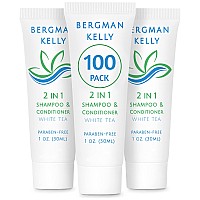 BERGMAN KELLY Travel Size Shampoo & Conditioner 2 in 1 (1 Fl Oz, 100 PK, White Tea), Delight Your Guests with Revitalizing and Refreshing Shampoo Amenities, Quality Small Size Hotel Toiletries in Bulk