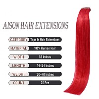 Aison Red Tape In Hair Extensions Human Hair 18 Inch 40G Tape In Human Hair Extensions Red 100 Remy Human Hair Extensions Silky