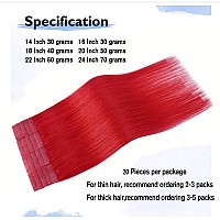 Aison Red Tape In Hair Extensions Human Hair 18 Inch 40G Tape In Human Hair Extensions Red 100 Remy Human Hair Extensions Silky