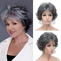 Kalyss Short Wavy Curly Synthetic Hair Wigs For Women Lightweight Premium Hair Wigs With Hair Bangs Gray