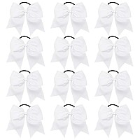 Deeka 12Pcs 8 Large Cheer Hair Bows Ponytail Holder Handmade For Teen Girls Softball Cheerleader Sportswhite