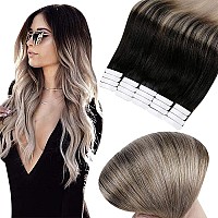 Full Shine 16 Inch Tape in Hair Extensions Balayage Human Hair Extensions Natural Black #1B Fading to Ash Blonde 18 50 Gram 20 Pcs Ombre Hair Tape in Adhesive Hair Extensions