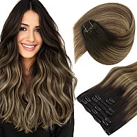 Sunny Clip In Hair Extension Ombre Real Hair Clips Extensions For Women Black Roots Ombre Dark Brown Balayage Caramel Brown Clip