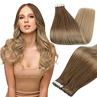 Full Shine Tape In Hair Extensions Human Hair 20 Inch Tape In Extensions Human Hair Color 10 Golden Brown To 14 Dark Blonde Remy