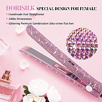 Dorisilk 480F High Temp Hair Straightener And Curler, Titanium Flat Iron Rhinestone Straightening Iron, 2 In 1 Straightening Curling 1 Salon Professional Dual Voltage Crystal Bling Rose Pink