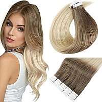 Full Shine Tape In Extensions Human Hair 20 Inch Ombre Tape In Hair Extensions 20 Pcs Color 8 Ash Brown Fading To 60 Platinum Bl