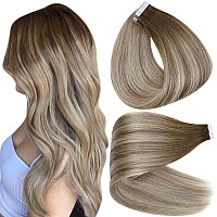 Full Shine 20 Inch Tape In Real Human Hair Balayage Color 3 Fading To 8 Highlighted 22 Medium Blonde Tape Hair Extensions Seamle