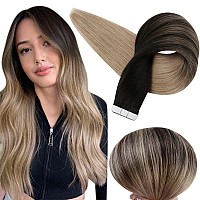 Full Shine Tape in Hair Extensions Color 1B/18 Ombre Black To Blonde Double Sided Tape Hair Extensions 20 Pcs 50 Gram Tape in Extensions Human Hair 14 Inch Straight Skin Weft Hair Extensions for Women