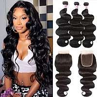 UNice Hair Brazilian Body Wave 3 Bundles with Free Part Lace Closure Unprocessed Virgin Human Hair Weaves Extensions Natural Color (18 20 22+16Closure)