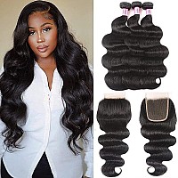 UNice Hair Icenu Series Brazilian Body Wave 3 Bundles with Free Part Lace Closure, Unprocessed Virgin Human Hair Wefts Extensions Natural Black Color (16 18 20+14Closure)