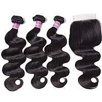 UNice Hair Icenu Series Brazilian Body Wave 3 Bundles with Free Part Lace Closure, Unprocessed Virgin Human Hair Wefts Extensions Natural Black Color (16 18 20+14Closure)