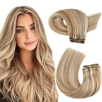 Moresoo Sew In Hair Extensions Human Hair Blonde Hand Tied Weft Hair Extensions Human Hair Medium Brown Highlighted With Blonde