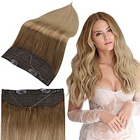 Full Shine 18 Inch Fish Line Hair Extensions Straight Hair Golden Brown To Dirty Blonde Wire Human Hair Extensions One Piece Blo