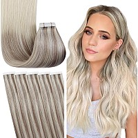 Fshine Blonde Tape In Hair Extensions Human Hair 22 Inch Balayage Ash Blonde To Golden Blonde And Platinum Blonde Tape In Hair E