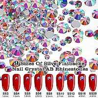 2592pcs Silver Flat Back crystal Iridescent AB Rhinestones Round Beads gem Jewel Pearls set, 9 Mix Sizes for 3D Nail Art DIY Makeup craft clothes Shoes Phone case Decoration