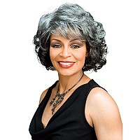 Foxy Silver Barbara Wig Color 1 Black Wigs Curly Shag Wispy Bangs Synthetic Medium Length African American Women's Machine Wefted Lightweight Average Cap