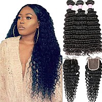 Brazilian Deep Wave Bundles With Closure Virgin Human Hair Bundles With Closure 44 Lace Mixed Length Hair Bundles Natural Colo