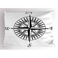 Lunarable Nautical Pillow Sham, compass Motif with North South East West Wind Rose Marine Sea Theme, Decorative Standard Size Printed Pillowcase, 26 X 20, White Black