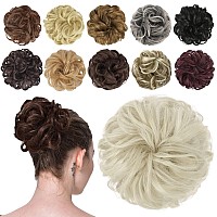 Feshfen Messy Bun Hair Piece Hair Bun Scrunchies Synthetic Ash Platinum Blonde Wavy Curly Chignon Ponytail Hair Extensions Thick