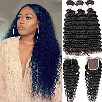 Brazilian Virgin Human Hair Bundles With Closure Deep Wave Hair 3 Bundles With Middle Part Closure Unprocessed Virgin Human Hair