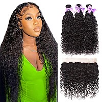 Water Wave Bundles With Frontal Brazilian Virgin Hair Water Wave Human Hair Bundles With Frontal 9A Unprocessed Free Part 13X4 E