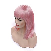 Morvally Short Straight Bob Wig With Flat Bangs Natural Looking Heat Resistant Hair Cosplay Costume Wigs 14 Inches Pink