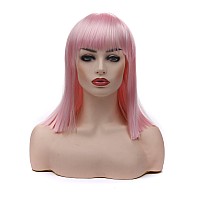 Morvally Short Straight Bob Wig With Flat Bangs Natural Looking Heat Resistant Hair Cosplay Costume Wigs 14 Inches Pink