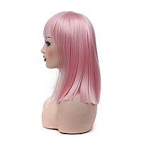 Morvally Short Straight Bob Wig With Flat Bangs Natural Looking Heat Resistant Hair Cosplay Costume Wigs 14 Inches Pink