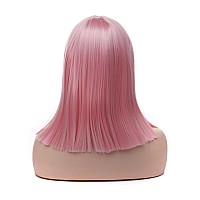 Morvally Short Straight Bob Wig With Flat Bangs Natural Looking Heat Resistant Hair Cosplay Costume Wigs 14 Inches Pink