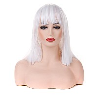 Morvally Short Straight Bob Wig With Flat Bangs Natural Looking Heat Resistant Synthetic Hair Cosplay Costume Wigs 14 Inches Wh