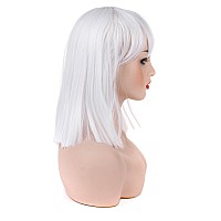 Morvally Short Straight Bob Wig With Flat Bangs Natural Looking Heat Resistant Synthetic Hair Cosplay Costume Wigs 14 Inches Wh