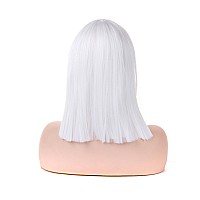 Morvally Short Straight Bob Wig With Flat Bangs Natural Looking Heat Resistant Synthetic Hair Cosplay Costume Wigs 14 Inches Wh