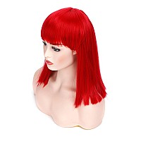 Morvally Short Straight Bob Wig Heat Resistant Hair With Blunt Bangs Natural Looking Cosplay Costume Wigs 14 Inches Deep Red