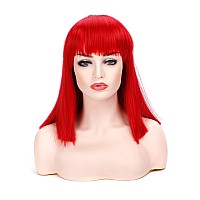 Morvally Short Straight Bob Wig Heat Resistant Hair With Blunt Bangs Natural Looking Cosplay Costume Wigs 14 Inches Deep Red