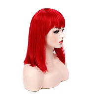 Morvally Short Straight Bob Wig Heat Resistant Hair With Blunt Bangs Natural Looking Cosplay Costume Wigs 14 Inches Deep Red