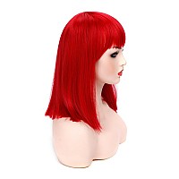 Morvally Short Straight Bob Wig Heat Resistant Hair With Blunt Bangs Natural Looking Cosplay Costume Wigs 14 Inches Deep Red