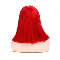 Morvally Short Straight Bob Wig Heat Resistant Hair With Blunt Bangs Natural Looking Cosplay Costume Wigs 14 Inches Deep Red