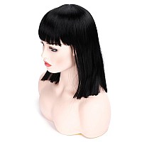 Morvally Short Straight Black Wig With Bangs Natural Looking Heat Resistant Hair Cosplay Costume Wigs 14 Inches Natural Black