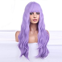 Beron 26 Inches Purple Wig Long Curly Wig With Bangs Synthetic Wig Women Girls Lavender Wigs With Wig Cap