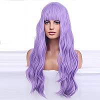 Beron 26 Inches Purple Wig Long Curly Wig With Bangs Synthetic Wig Women Girls Lavender Wigs With Wig Cap