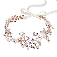 SWEETV Bridal Headband Wedding Headpiece for Bride Hair Accessories for Wedding Hair Pieces Crystal Pearl Hair Vine Rose Gold