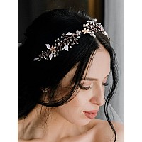 SWEETV Bridal Headband Wedding Headpiece for Bride Hair Accessories for Wedding Hair Pieces Crystal Pearl Hair Vine Rose Gold