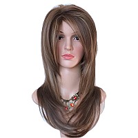 Long Layered Light Brown With Blonde Wig Balayage Color Wig With Brown With Blonde Highlight Wig Synthetic Hair Multicolor For W