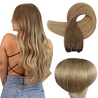 Full Shine 16 Inch Hair Extensions Real Human Hair Weft Sew In Hair Extensions Remy Hair Ombre Hair Extensions Golden Brown To Dark Blonde Human Hair Bundles Double Weft Extensions Straight Hair 105G