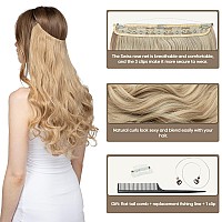 Sarla Invisible Wire Hair Extensions With 3 Clips Dirty Blonde Short Synthetic Wavy Curly Hairpiece Highlights Adjustable Transp